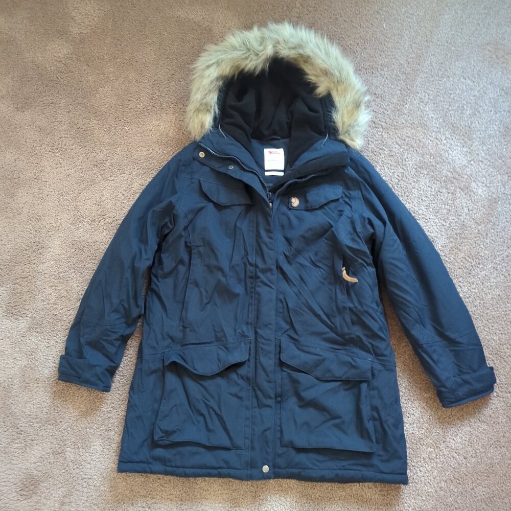 Fjallraven Women's Nuuk Parka Womens XL Navy Blue Faux Fur Trim